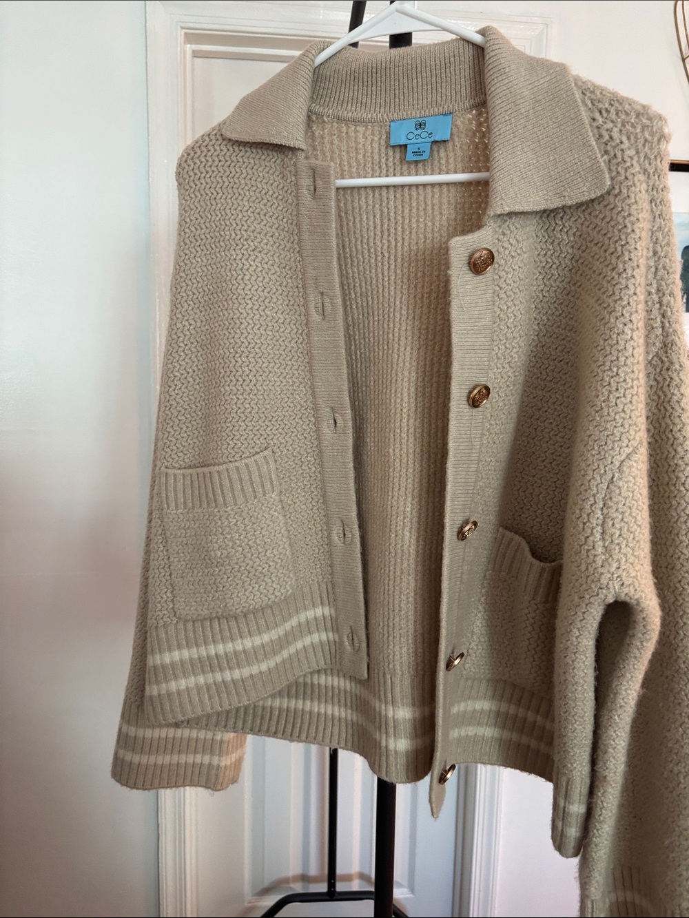 CeCe Beige Button-Front Knit Cardigan with Stripe Hem
